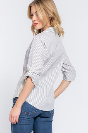 Stripe woven shirt with side knit panel