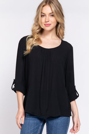 3/4 roll up sleeve round neck pleated top