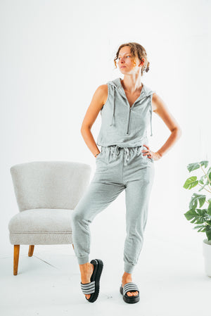 French terry half-zip hooded jumpsuit