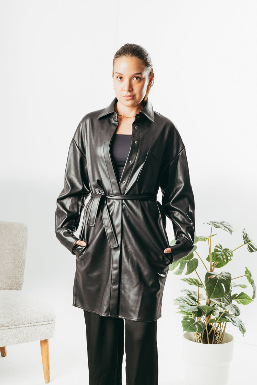 Faux leather shirt dress with self tie