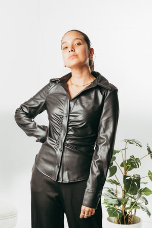 Vegan leather ruched front shirt
